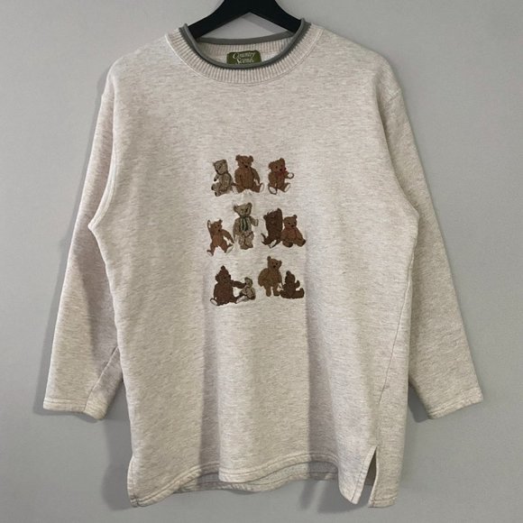 Country Scene Tops - Vintage Country Scene Cute Embroidered Bears Beige Cream Sweatshirt